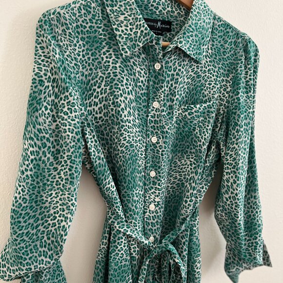 Guess by Marciano 100% Silk Green Leopard Print Shirt Dress - Picture 3 of 8